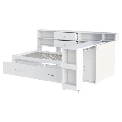 A white multi-functional bed frame with integrated storage and a desk.