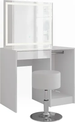 Zdjęcie produktu dla Stół do toalety Vicco Sherry Biały/biały wysoki połysk 89.8 cm z lustrem LED i stołkiem, Model 57689