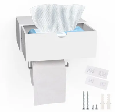 Image de Porte-papier hygiénique avec compartiment pour lingettes humides, autocollant, en bambou et acier inoxydable, fixation murale sans perçage, avec tablette, pour la salle de bains, la cuisine et les toilettes, blanc