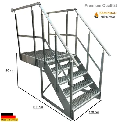 Zdjęcie produktu dla Schody na podest Schody stalowe 5 stopni Wolnostojące Wysokość 95cm łącznie z podestem 100x100cm z balustradą Ocynkowane Wyrównanie schodów przód (przód) Schody zewnętrzne