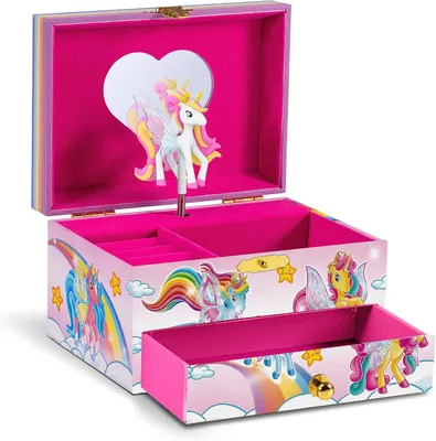 Image de Boîte à bijoux pour enfants - Avec boîte à musique - Coffret à bijoux pour filles avec une licorne tournante - Tiroir et miroir
