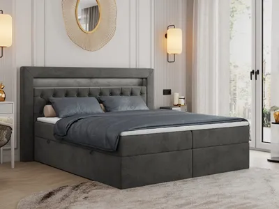 Produktbild von Boxspringbett 180x200 mit Led, Polsterbett 180x200 mit LED Kopfteil - Multipocket-Matratze H3 - Doppelbett mit Bettkasten Stauraumbett, GOLD-6 - 180x200 - Dunkelgrau - Velvet - Mittelfest (H3)