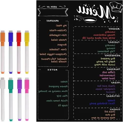 Obrázok produktu pre Magnetická tabuľa na jedálny lístok 16 "x12" s 8 farebnými kriedovými perami - Plánovač jedál a nákupný zoznam na suché mazanie do kuchyne.
