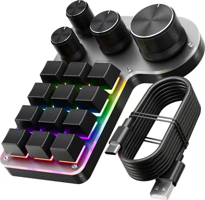 A black RGB gaming keyboard with 12 keys and 4 knobs, along with a USB-C cable, is displayed on a white background.