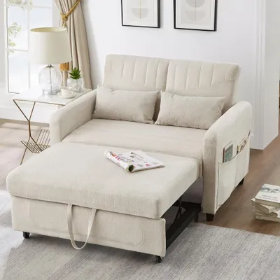 Produktbild von Zweisitzer-Klappsofa 114x77x82,5cm mit ausziehbarem Bett, 3-fach verstellbarer Rückenlehne ,Sofabett mit Schlaffunktion, atmungsaktiver Baumwoll-Leinen-Bezug, 114x77x82,5cm, beige