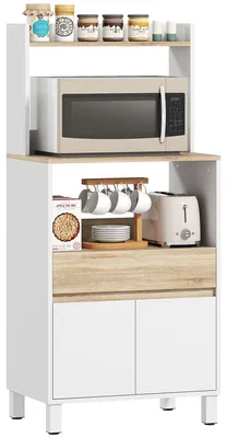 Image de HOMCOM - Meuble mobile pour micro-ondes en bois avec étagère, plan de travail ouvert, tiroir et armoire, 60x40x131 cm, blanc
