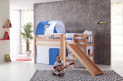 Produktbild von Halbhohes Spielbett Elyas Buche Natur 90x200 cm mit Rutsche und Turm