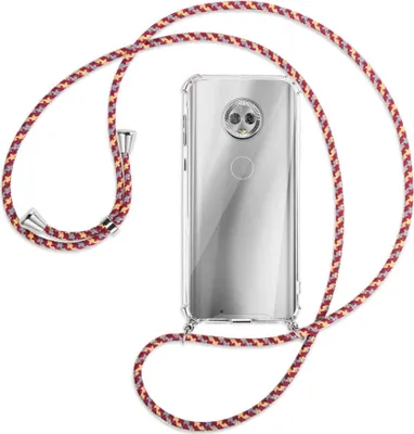Produktbild von Handykette Backcover-Schutzhülle mit Band (Metall silberfarben) für Motorola Moto G6 - weinrot/gelb/grau