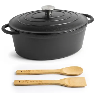 Produktbild von Gusseisen Bräter 3,5 L mit Deckel, ovaler Schmortopf emailliert, Bräter für Herd & Backofen, Induktion, Gas, Glaskeramik, Elektro, mit Bambus Kochlöffel & Pfannenwender, Bratentopf