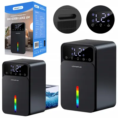 Zdjęcie produktu dla Cichy Pochłaniacz Wilgoci 1200ML Osuszacz Powietrza Climative LUXE UV LED Wydajny Czarny Funkcja odszraniania, Timer, Tryb snu, Higrometr, Termometr