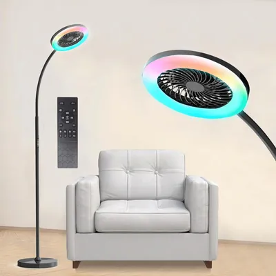 Produktbild von Stehlampe mit Ventilator und Fernbedienung RGBW Dimmbar Stehleuchte Verstellbarer Standventilator 3 Windgeschwindigkeiten, Schwarz