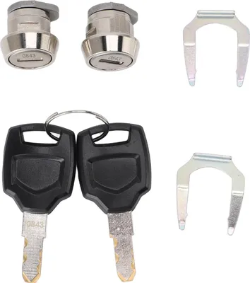 A set of motorcycle top box lock cylinders and keys, along with mounting clips, displayed on a white background.