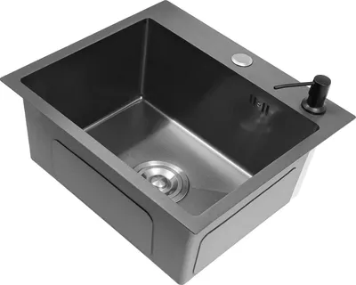 Obrázek produktu pro Dřez do kuchyně – vestavěný dřez, 1 komora, montáž pod desku/na desku/do roviny – 45x40x20 cm – nerezová ocel, nanotechnologický povrch – s odkapávací plochou, košem a dávkovačem mýdla – černý