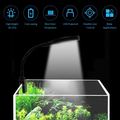 Obrázek produktu pro D C 5 V 7 W 18 LED akvarijní světlo, svorky na akvárium, přenosná lampa, napájení přes USB, 3 barvy osvětlení, nastavitelné, 10 úrovní, nastavitelná intenzita