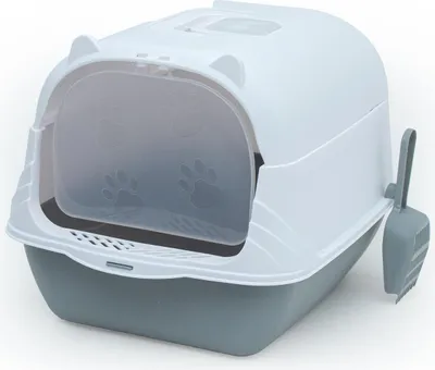 Immagine prodotto di Intirilife lettiera per gatti con coperchio con paletta in grigio-bianco -51 x 37,5 x 34,5 cm- lettiera per gatti con coperchio, toilette moderna e chiusa per gatti- lettiera a cuffietta per gatti- formazione di odori ridotta