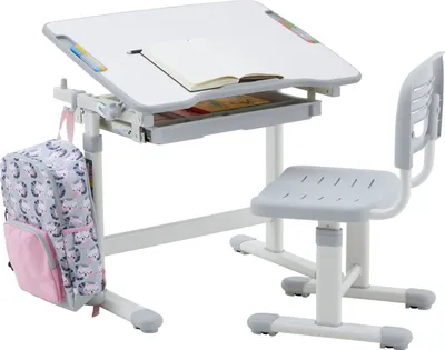 Produktbild von Kinderschreibtisch mit Stuhl TUTTO in weiß/grau höhenverstellbar und neigbar mit Schublade und Stifterinne, Schreibtisch höhenverstellbar für Kinder, Tisch mit neigbarer Arbeitsfläche mit Rucksackhalt