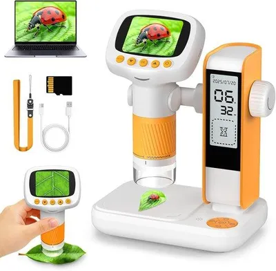 Immagine prodotto di Microscopio per bambini - 2-in-1: microscopio e supporto per campioni - Con treppiede - Ingrandimento 1000x - Schermo IPS da 5 pollici - Connessione USB - 8 LED regolabili - Adatto a bambini dai 5 anni in su - Colore: giallo