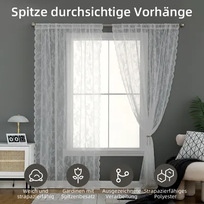 Produktbild von CMYbabee Gardinen Spitze-Wunderschöne Grau Blumen Bestickte Spitzengardinen, 2er Set Transparent Vorhang Spitze Vintage, H183 x B145 cm