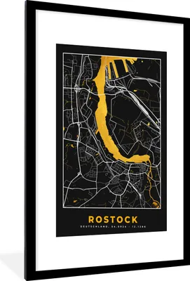 Produktbild von MuchoWow® Gerahmtes Poster Rostock - Stadtplan - Gold - Karte - Deutschland 60x90 cm - Poster mit Schwarzem Bilderrahmen Wandposter Rahmen Foto Bilder - Dekoration - Wandposter Wohnzimmer - Hochwertig