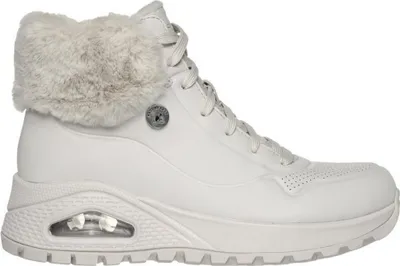 A white high-top sneaker with a faux fur collar.