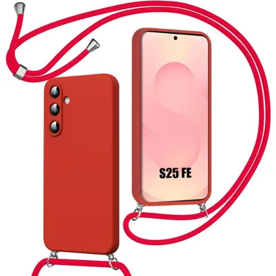 Image de Coque pour Samsung Galaxy S25 FE, Protection Silicone Liquide Souple Anti-Rayures avec Cordon Rouge