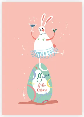 Produktbild von Rosa Klappkarte zu Ostern mit lustigen Osterhasen und bunten Ostereiern: Frohe Ostern
