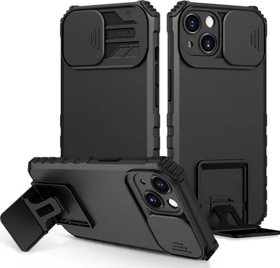 Immagine prodotto di Custodia per iPhone 15 robusta a doppio strato, protezione militare con kickstand e protezione fotocamera scorrevole nera
