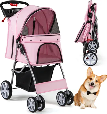 Immagine prodotto di COSTWAY passeggino per cani e animali domestici fino a 15 kg, passeggino per cani con finestre a rete e portabicchieri e rimorchio, passeggino per cani piccoli e gatti rosa