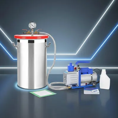 Immagine prodotto di Mucola Set Pompa per vuoto Pompa per vuoto + Camera di degassificazione Camera per vuoto Compressore in alluminio Camera per trappole di resina - 127L/min Pompa + 27,7L Camera