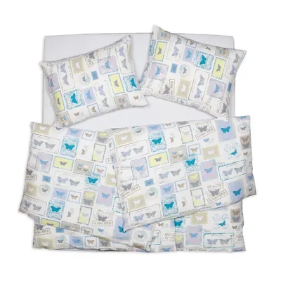 Produktbild von SCANquilt povlečení KREP známky-motýli bílomodrožlutá 100% bavlna 140 x 220/70 x 90 cm