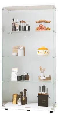 Image de Armoire vitrine en verre avec 4 étagères, 2 portes et une serrure, de couleur noire et blanche