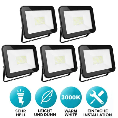 Produktbild von Clanmacy 5X LED Flutlicht Aussen Scheinwerfer Strahler Flutlichtstrahler 50W 4000LM Superhell Fluter,IP65 Wasserdicht Industriestrahler,Kuehles Warmweiss Aussen-Leuchte Flutlicht-Strahler fuer Aussenbereich
