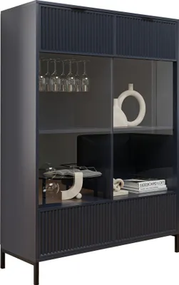 Produktbild von IDOHOME Glasvitrine groß Wave Standvitrine Vitrinenschrank mit 2 Türen Glastür Aufbewahrungsschrank Metallfüße geriffelte Fronten Farbe: Ind