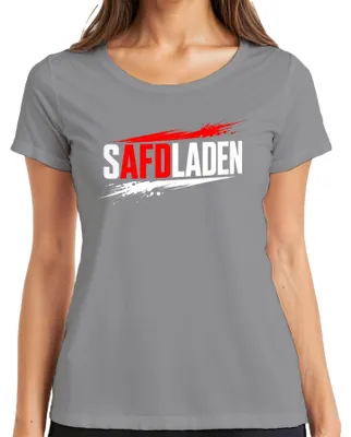 Immagine prodotto di T-shirt "SAFDLADEN", critica la politica dell'AfD, con elementi di satira, umorismo e sarcasmo. Colore: grigio. Taglia: M. (Adatto per donne)