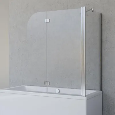 A shower screen for a bathtub against a textured gray wall.