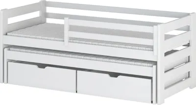 Produktbild von Einzelbett 90x200 mit Rausziehbett 90x190 mit zwei Matratzen und zwei Schubladen, Rausfallschutz und Lattenrosten, Vollholz massiv in weiss, Kinderbett Funktionsbett