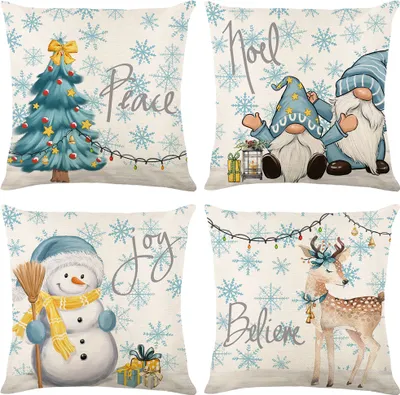 Produktbild von 4x Vánoční dekorační povlaky na polštáře 45x45 cm, červený měkký plátěný povlak na polštář Square Cushion Cover Sofa Cushion Cover Pillow Cover