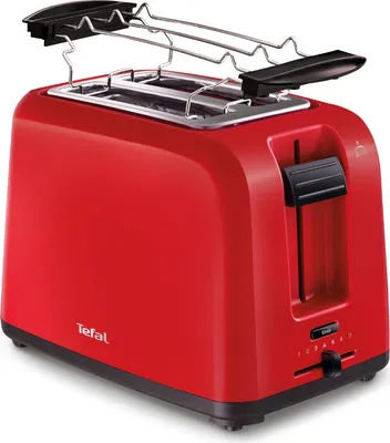 A red TEFAL toaster with a chrome bun warmer attachment.