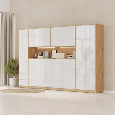 Produktbild von SMARTBett WOHNWAND Schlafzimmer set Schrankbett Jugendzimmer Wildeiche/Weiss Hochglanz