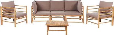 Produktbild von BELIANI Lounge Set 4-Teilig Hellbraun u. Taupe Bambusholz 3-Sitzer Sofa mit 2 Sesseln Couchtisch 12 Kissen Garten Terrasse Outdoor Ausstattung