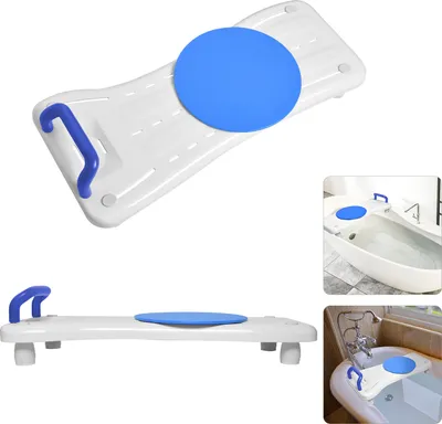A white bath seat with a blue circular mat and a blue handle, shown from different angles.