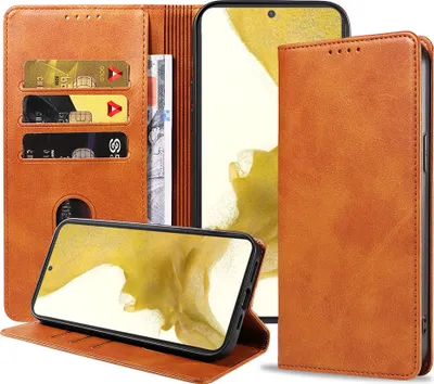 Produktbild von Smartphonica Samsung Galaxy S22 leren hoesje met magnetische sluiting en pashouders book case – Bruin