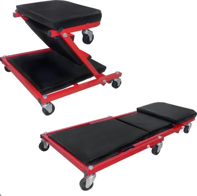 Obrázek produktu pro XMTECH 2 v 1 pojízdná montážní deska Skládací dílenská stolička s 360° kolečky 92x44x12cm Nosnost až 150 kg Kombinace montážní pojízdné desky a dílenské lavice