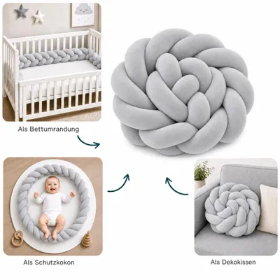 Produktbild von LuMali Bettschlange Baby Grau 210x18x12 cm , Bettkantenschutz, Bettschlange Geflochten, Babybett Umrandungen