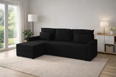 Produktbild von Ecksofa **KUBO L** mit Schlaffunktion **120 × 200 cm**, Bettkasten, universell links/rechts montierbar, **Inari 100 Schwarz**, **226 cm**.