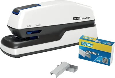 Produktbild von Rexel Optima Grip Elektro-Heftgerät, silber/schwarz, 20 Blätter, Schwarz, Silber, 449,5 g, 147 mm, 200 mm, 88 mm