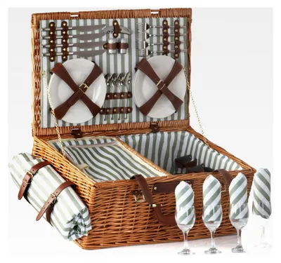 Produktbild von Picknickkorb für 4 Personen mit Geschirr-Set und Kühlfach | 29-teilig | Picknickkoffer mit gestreiftem Innenmuster | Weidenkorb mit Kunstlederriemen | Picknicktasche, Picknick Set