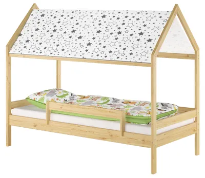Produktbild von Holzbett mit Himmel u.Fallschutz Hausbett Kinderhaus 90x200 Bett Kiefer mass. weiteres Zubehör wählbar V-60.58-09 Rollrost inkl.
