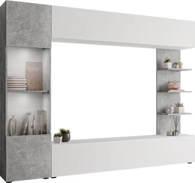 Produktbild von MIRJAN24 Wohnwand Lazando, Stilvoll Wohnzimmer-Set, Schrankwand, Praktisch Mediawand, TV-Schrank (Farbe: Weiß / Beton, mit weißer LED Beleuchtung)