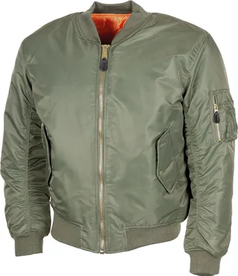 A green bomber jacket with an orange lining is displayed against a white background.